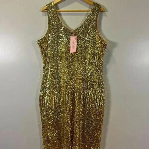 Maner gold sequin women’s midi length evening dress. Size 3X
NWT